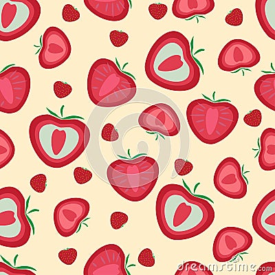 Seamless pattern. Strawberries whole and sliced Vector Illustration