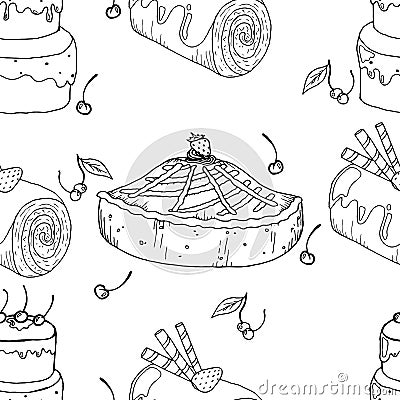 Seamless pattern from strawberry cake and chocolate roll. Vector illustration of seamless background of cakes Vector Illustration