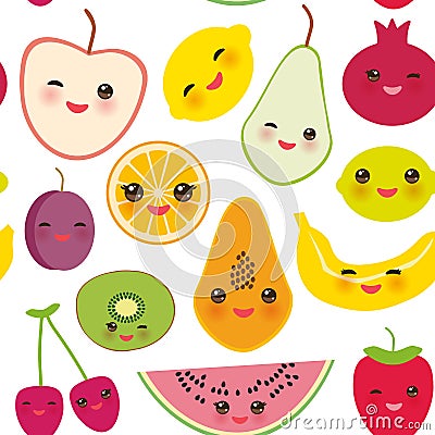 Seamless pattern strawberry, orange, banana cherry, lime, lemon, kiwi, plums, apples, watermelon, pomegranate, papaya, pear, pear Vector Illustration