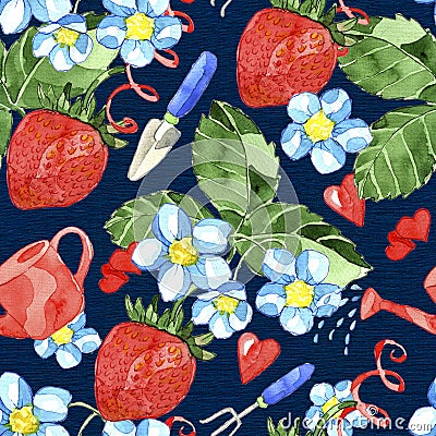 Seamless pattern with strawberry plant and berry, gardening tool, flower on blue Cartoon Illustration