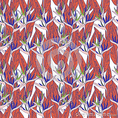 Seamless pattern with strelitzia flowers leaf sketch, black contour purple red green pink coral white background. simple ornament Vector Illustration