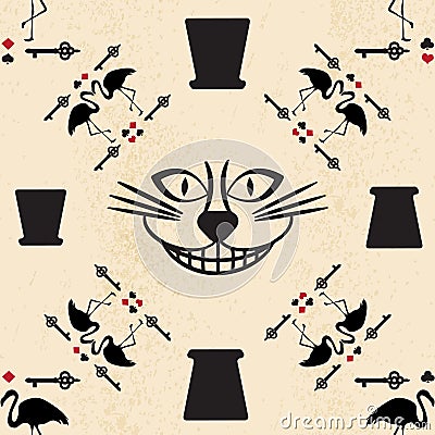 Seamless pattern in the style of Alice in Wonderland. Vector background with the Cheshire cat Vector Illustration