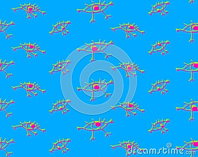 Seamless pattern in the style of psychedelic doodle eyes look in different directions Vector Illustration