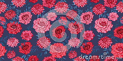 Seamless pattern with stylized artistic flowers peonies, dahlias and tiny leaves. Abstract blooming meadow on a dark blue Vector Illustration