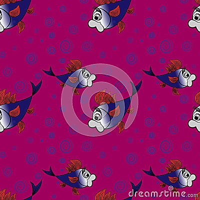Seamless pattern - stylized fish in the sea or aquarium, surrounded by air bubbles - graphics. Vector Illustration