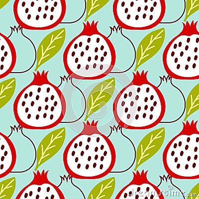 Seamless pattern with stylized fruit pomegranates and leaves on a blue background. Vector flat illustration Stock Photo