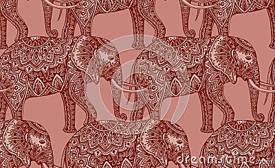 Seamless pattern with stylized ornamental elephants in Indian st Vector Illustration