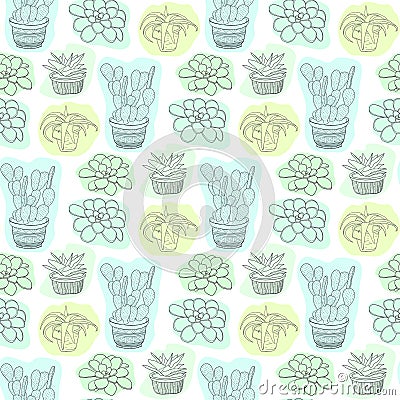 Seamless pattern with succulent flowers in pots. Vector floral background for textile design. Vector Illustration