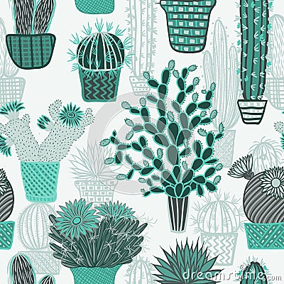 Seamless pattern with succulents cacti plant and cactuses in pots. Vector botanical graphic set Vector Illustration