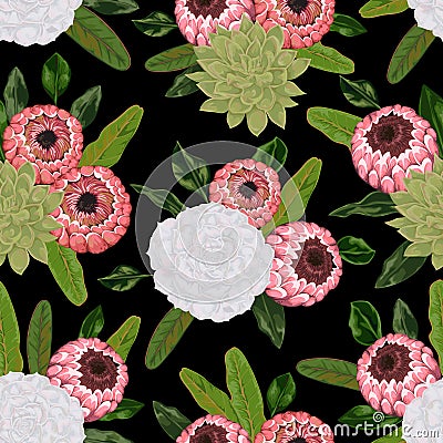 Seamless pattern with succulents and protea flowers and leaves. Vector Illustration