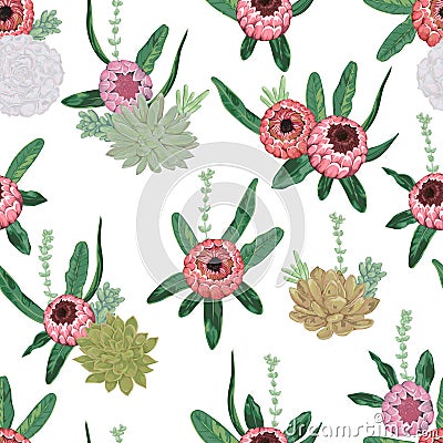 Seamless pattern with succulents and protea flowers and leaves. Vector Illustration