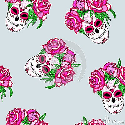 Seamless pattern with sugar skull and pink roses. Vector Illustration