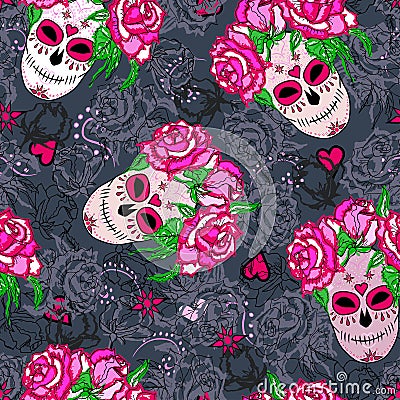 Seamless pattern with sugar skull and pink roses. Stock Photo