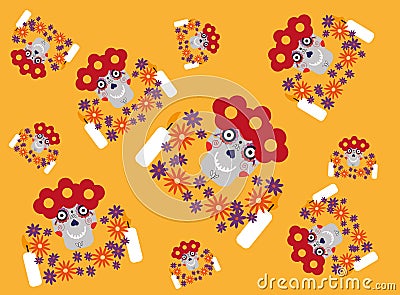 Seamless pattern with sugar skulls and flowers on orange background. Vector Illustration