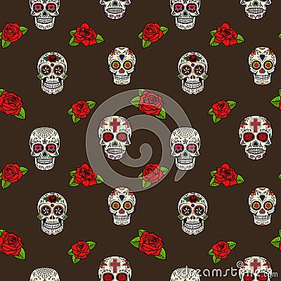 Seamless pattern with sugar skulls and roses. Day of the dead. Vector Illustration