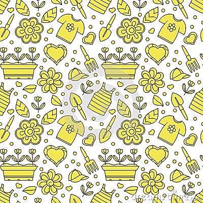 Seamless pattern with summer clothes, garden tools and flower seedlings in the box Vector Illustration