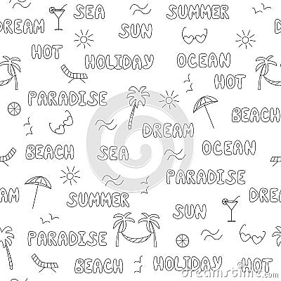 Seamless pattern summer concept. Words summer Paradise ocean Sea Vacation Beach. Contour drawings of palm trees Vector Illustration