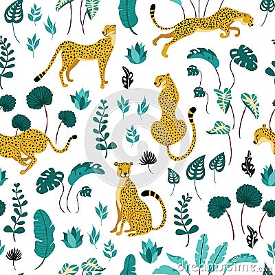 Seamless pattern of summer paradise in tropical jungles with cheetahs and foliage on white backdrop Stock Photo