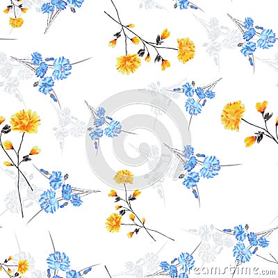 Seamless pattern of summer small yellow blue gray flowers on a white background. Watercolor Stock Photo