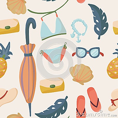 Seamless pattern with summer things and objects. beach accessories with bathing suit, flip flops and sunglasses. pattern for Vector Illustration