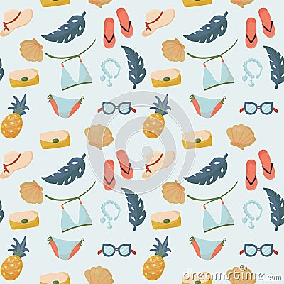 Seamless pattern with summer things and objects. beach accessories with bathing suit, flip flops and sunglasses. pattern for Vector Illustration