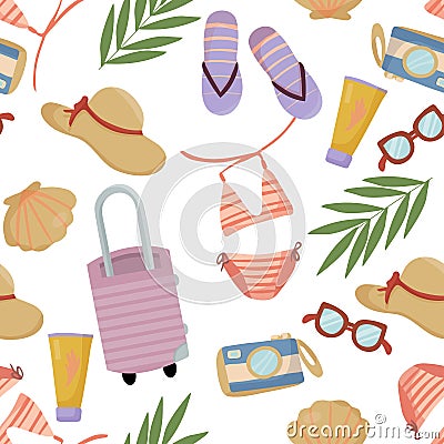 Seamless pattern with summer things and objects. beach accessories with bathing suit, flip flops and sunglasses. pattern for Vector Illustration