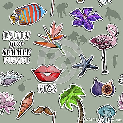 Seamless pattern with Summer voyage and traveling concept. Exotic animals and flowers sticker set Vector Illustration