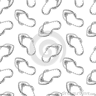 Seamless pattern summer women s shoes in vector. Sandals in black art line in vector on white background. Hand drawn vintage style Stock Photo