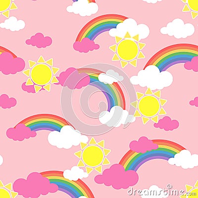 Seamless pattern with sun. clouds and rainbow. Wallpaper for children room Vector Illustration