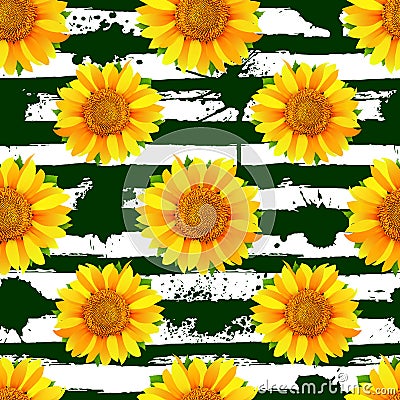 Seamless pattern with sunflowers on abstract green stripes and b Vector Illustration