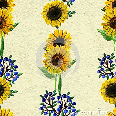 Seamless pattern with sunflowers and berries Stock Photo