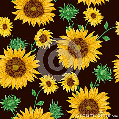 Seamless pattern with sunflowers on black background. Vector Illustration