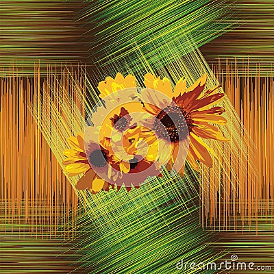 Seamless pattern with sunflowers on grunge striped background Vector Illustration