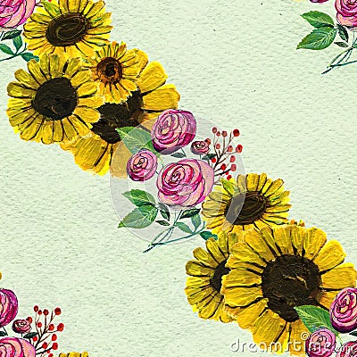 Seamless pattern with sunflowers and roses Stock Photo