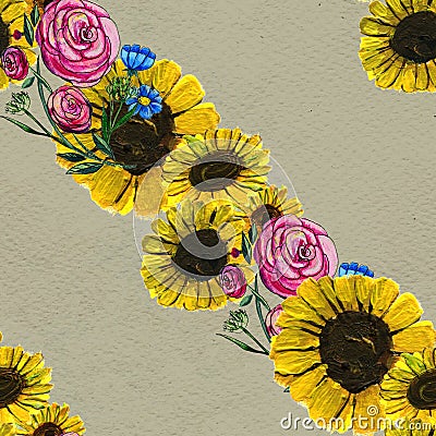 Seamless pattern with sunflowers and roses Stock Photo