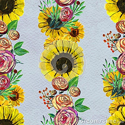 Seamless pattern with sunflowers and roses Stock Photo