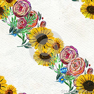 Seamless pattern with sunflowers and roses Stock Photo