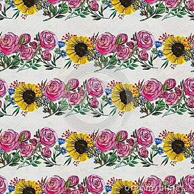 Seamless pattern with sunflowers and roses Stock Photo