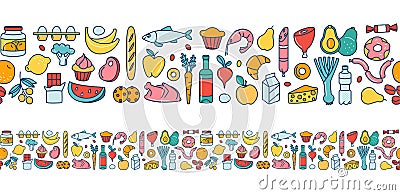 Seamless pattern supermarket grosery store food, drinks, vegetables, fruits, fish, meat, dairy, sweets Vector Illustration