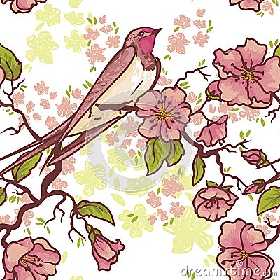 Seamless pattern with swallow sitting on blooming tree branches Vector Illustration