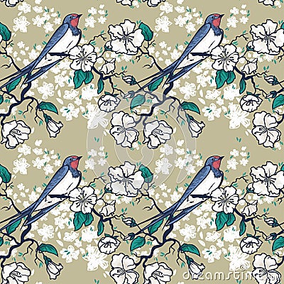 Seamless pattern with swallow sitting on blooming tree branches Vector Illustration