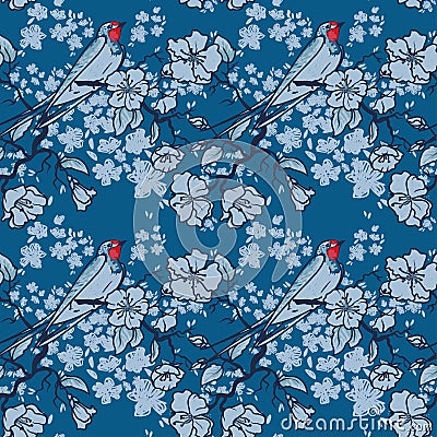 Seamless pattern with swallow sitting on blooming tree branches Vector Illustration