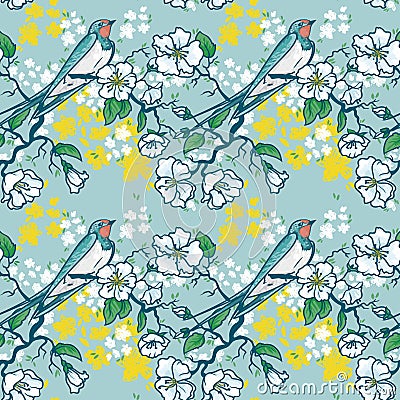 Seamless pattern with swallow sitting on blooming tree branches Vector Illustration