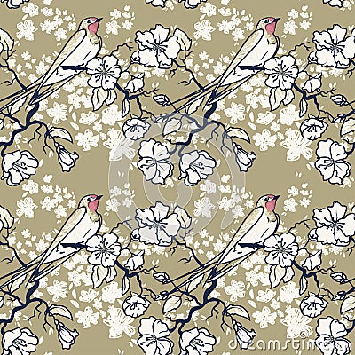 Seamless pattern with swallow sitting on blooming tree branches Vector Illustration