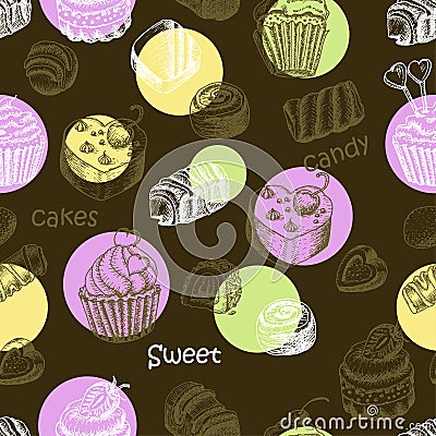 Seamless pattern with sweet cakes and candy on a dark background Cartoon Illustration