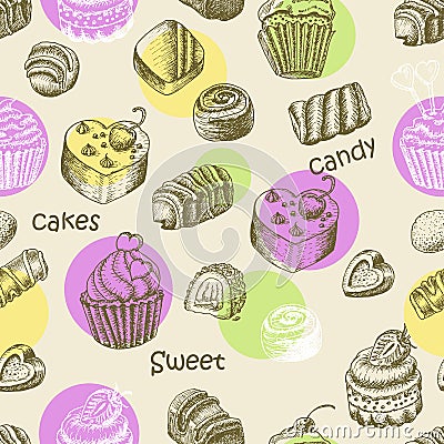 Seamless pattern with sweet cakes and sweets Cartoon Illustration