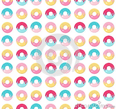 Seamless pattern sweet donut with bright, multicolored glaze. Modern icons in a flat vector. Top view. Kawaii Editorial Stock Photo