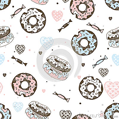 Seamless pattern with sweet donuts and candies. Vector Stock Photo