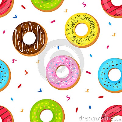 Seamless pattern with sweet donuts with colorful glaze. Vector illustration Cartoon Illustration