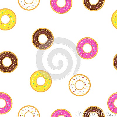 Seamless pattern sweet donuts white background. Colorful tasty donuts collection Vector Illustration
